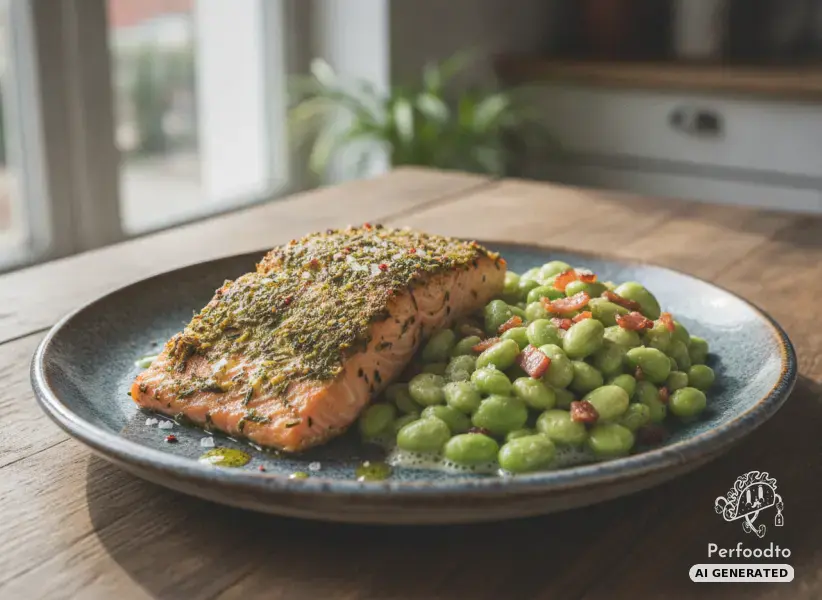 Herb salmon with creamy edamame vegetables and bacon