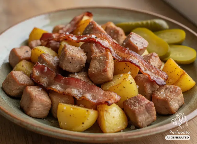 Hearty pork skillet with raclette bacon and potatoes