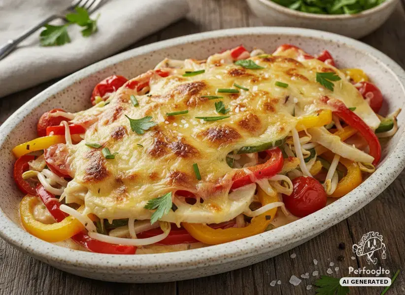 Savory vegetable skillet with bamboo shoots and gratinated Emmental cheese