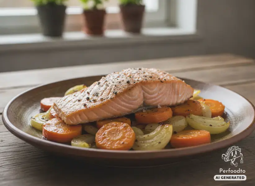 Salmon fillet on carrots and onions