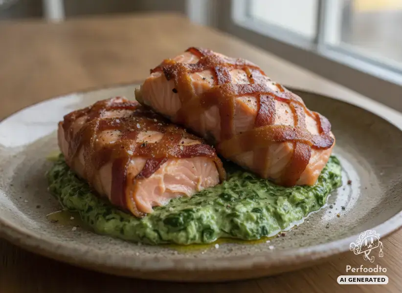 Salmon wrapped in bacon with creamed spinach
