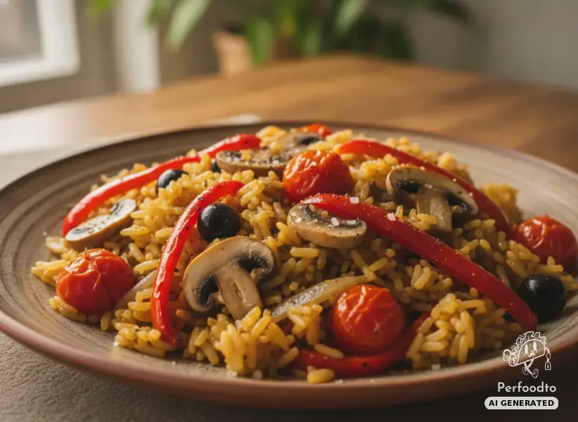 Vegane Reispfanne mit Champignons und Spitzpaprika