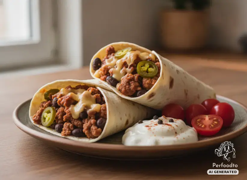 Spicy minced meat wraps with black beans, cheese and jalapenos