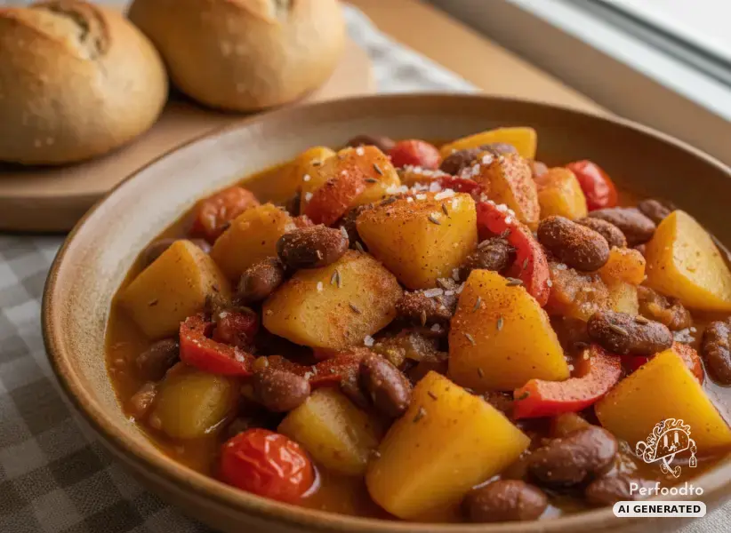 Hearty potato goulash with scarlet runner beans and spelt rolls