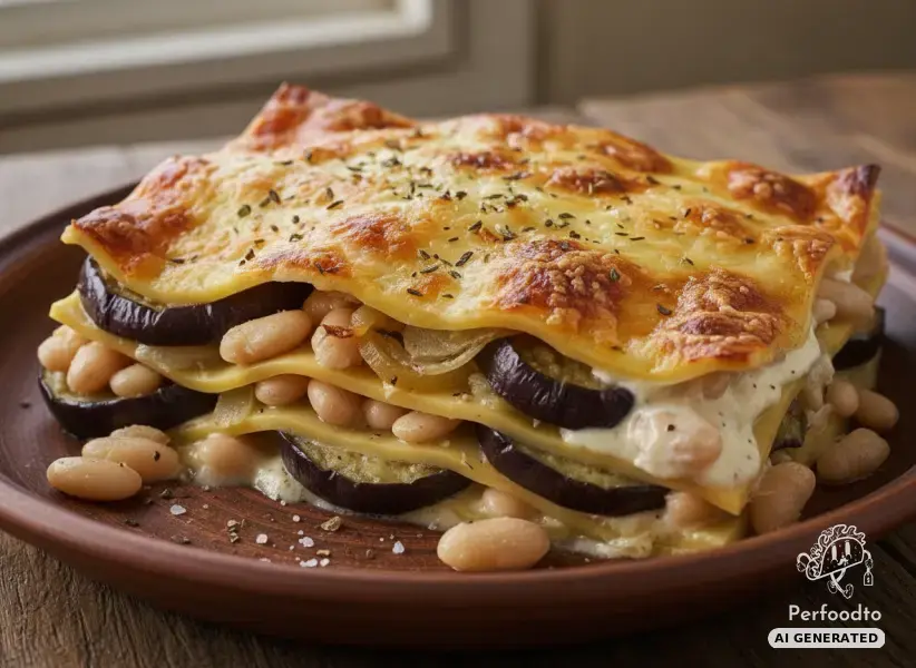 Vegetarian vegetable lasagna with eggplant and white beans