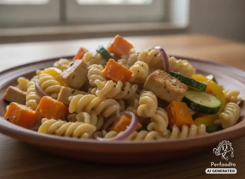 Bunte Gemüsepfanne mit Kürbis, Tempeh und Nudeln in Frischkäsesauce
