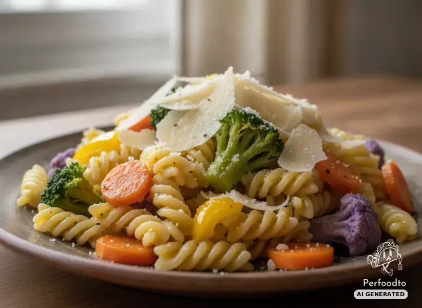 Fresh pasta with lemon butter, colorful vegetables and Grana Padano