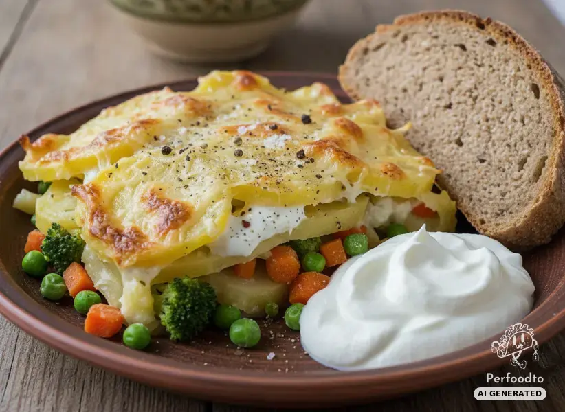 Überbackener Erdäpfelauflauf mit Gemüse, Skyr und Dachsteinbrot