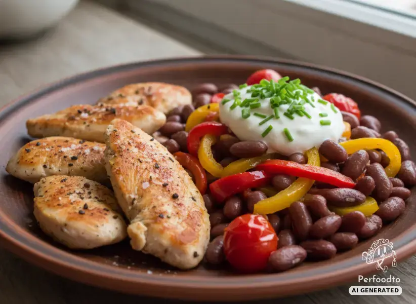 Pan seared chicken fillets with scarlet runner beans and colorful bell peppers