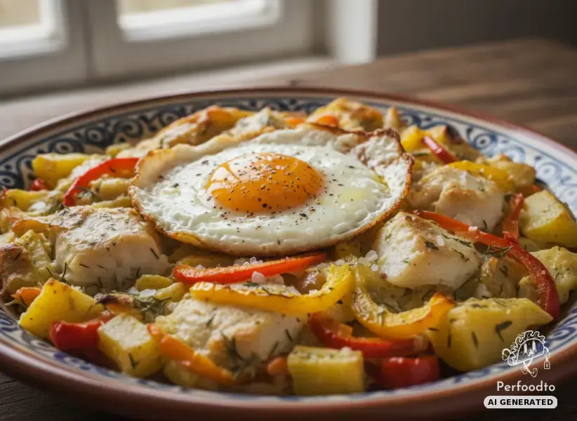 Fish and potato casserole with bell peppers and fried egg