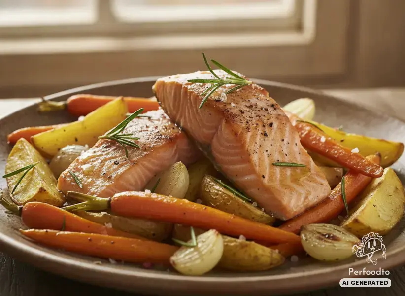 Salmon fillet with baked potatoes and carrots