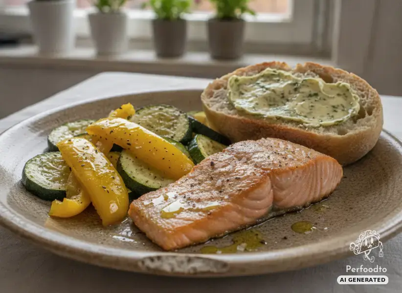 Gebratenes Lachsfilet mit gebratener Zucchini und gelber Spitzpaprika