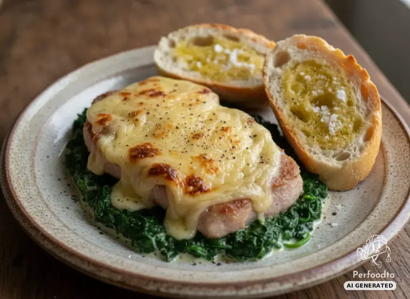 Baked pork loin with creamed spinach and baguette