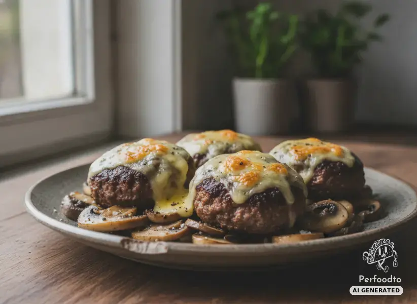 Saftige Rinderlaibchen mit gebratenen Champignons und Emmentaler