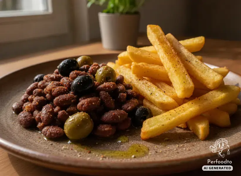 Pikante Bohnen mit Oliven und knusprigen Kartoffeln