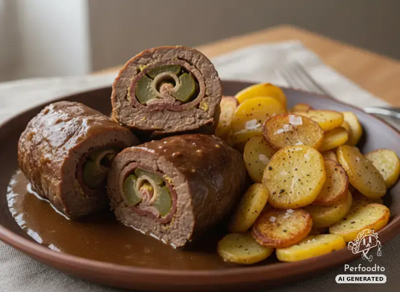Gefüllte Rindsrouladen mit Bauchspeck und knusprigen Bratkartoffeln
