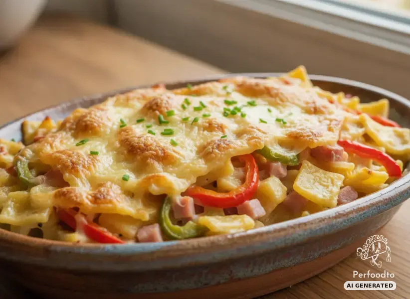 Überbackene Schinkenfleckerl mit buntem Paprika und Bergkäse