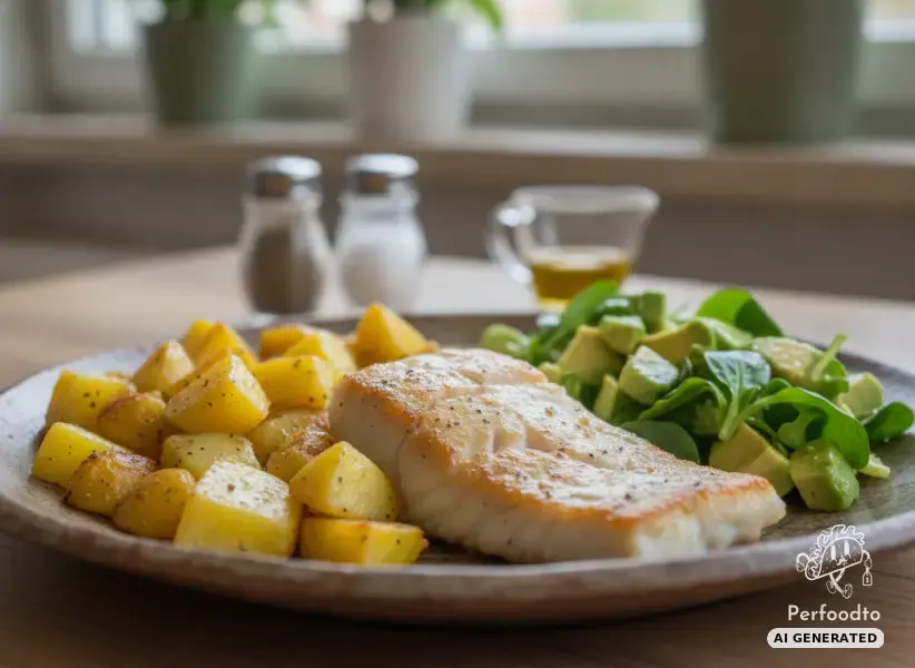 Pan fried polar cod with crispy potatoes and fresh avocado salad