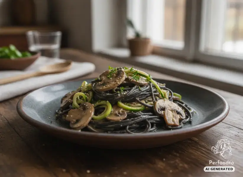 Black bean spaghetti in creamy mushroom sauce