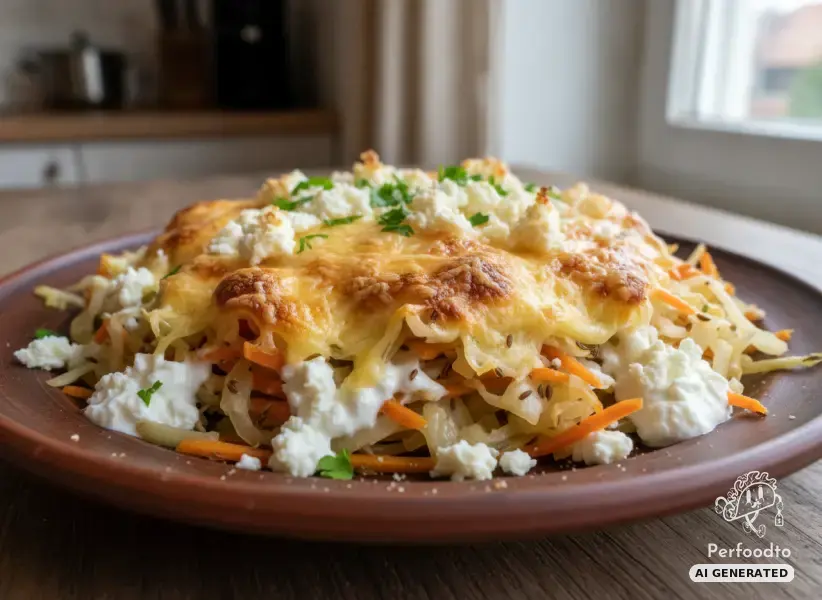 Überbackene Weißkrautpfanne mit Karotten und Feta
