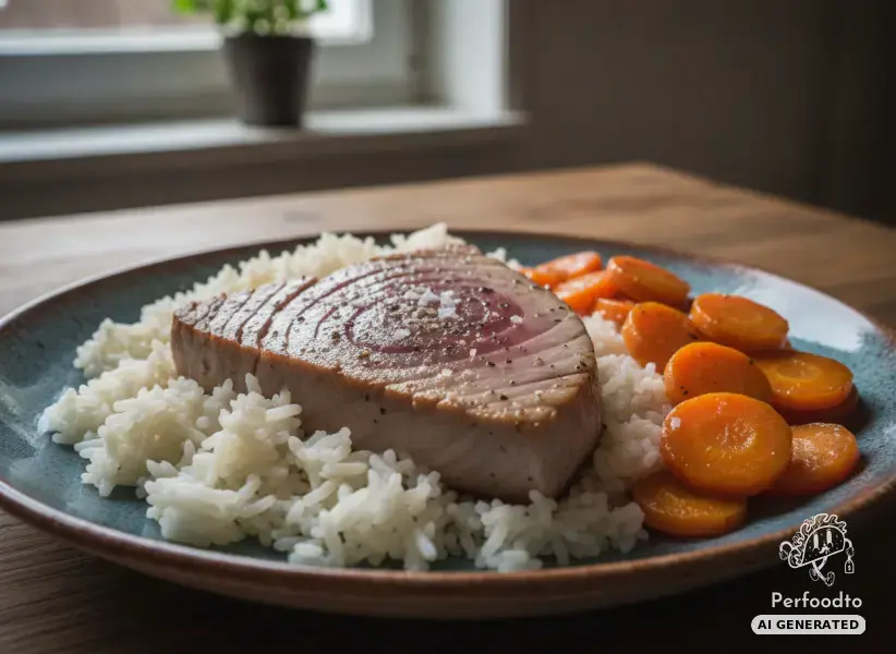 Pan seared tuna fillet on basmati rice with glazed carrots