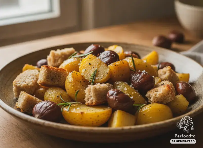 Autumn skillet with fried potatoes and sweet chestnuts