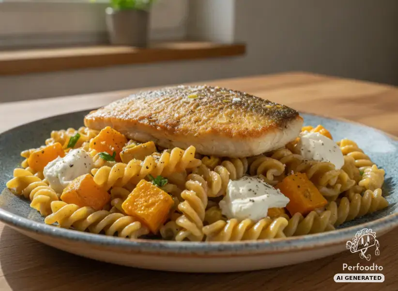Gebratene Goldbrasse auf cremiger Vollkornpasta mit Kürbis