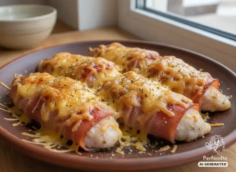 Baked corn fed chicken inner fillets with Serrano ham and cheese