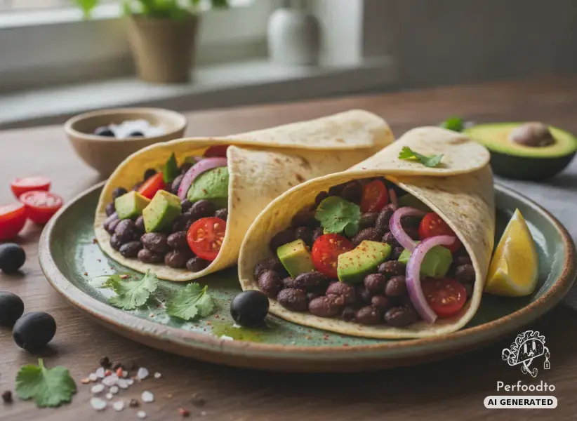 Gefüllte Tortilla Wraps mit schwarzen Bohnen und Avocado