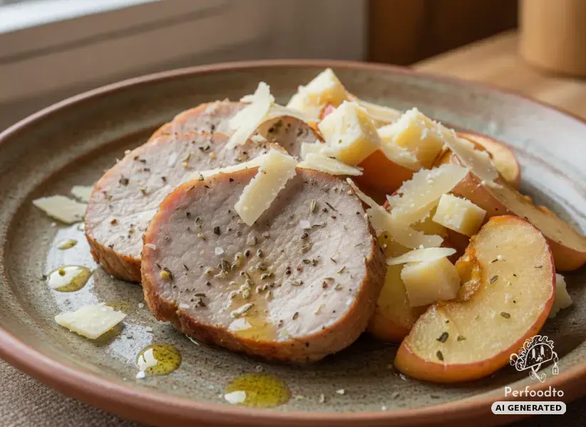 Schweinskarree mit gebratenen Äpfeln und Käse