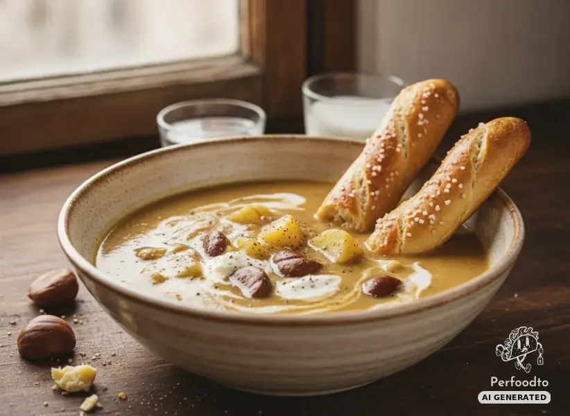 Cremige Erdäpfel-Kastanien-Suppe mit frischem Laugengebäck