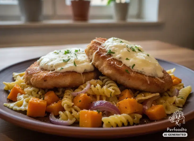 Überbackene Schweineschnitzel mit Mozzarella auf bunter Kürbispasta