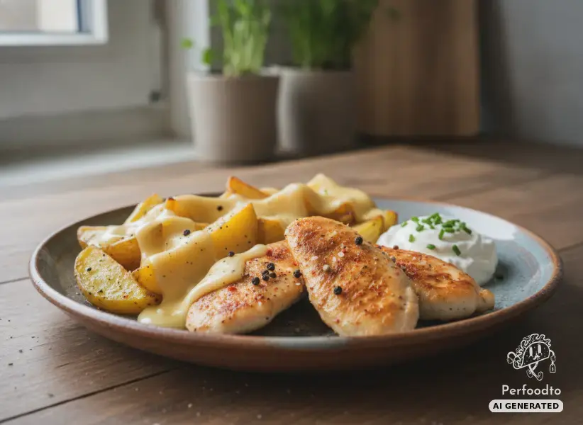 Hühner Innenfilets mit gebratenen Erdäpfeln und Käse