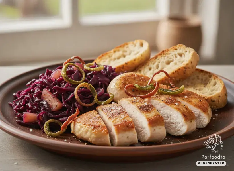 Roasted chicken fillet with apple red cabbage and crispy ham