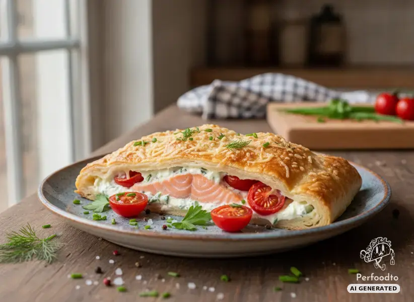 Salmon in puff pastry with mascarpone and cherry tomatoes