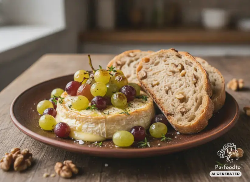 Baked Camembert with roasted grapes and walnut bread
