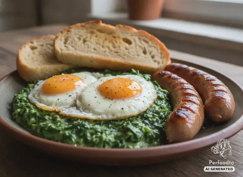 Traditional creamed spinach with fried egg and Frankfurter sausages