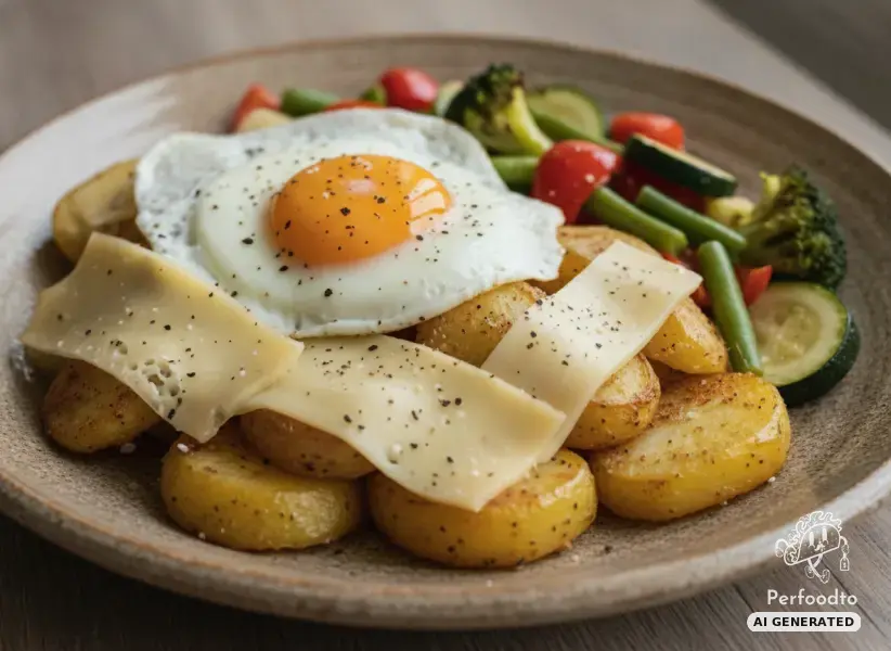 Crispy oven potatoes with mountain cheese egg and colorful vegetables