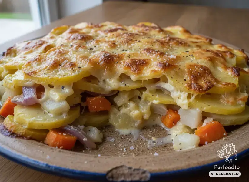 Creamy potato gratin with root vegetables and Gouda