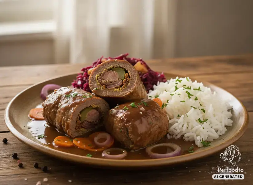 Braised beef roulades with red cabbage and rice
