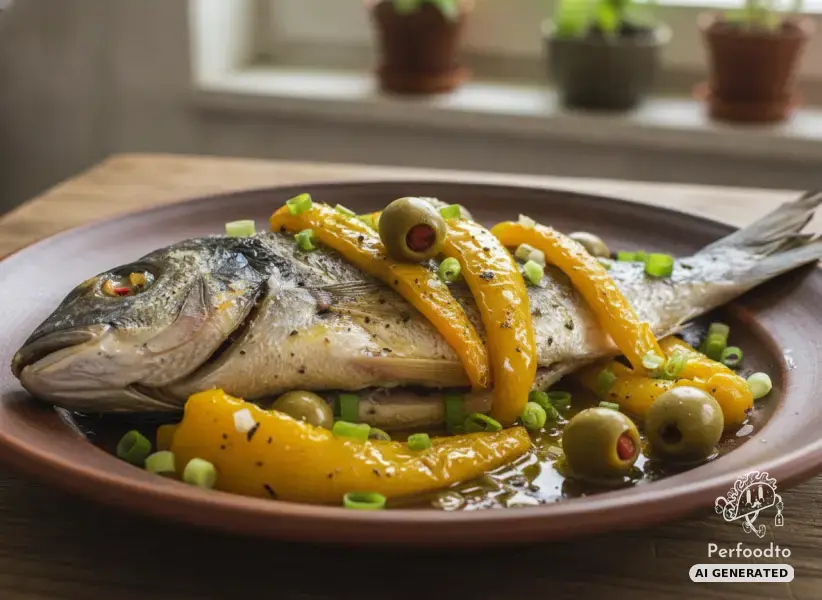 Dorade aus dem Ofen mit Spitzpaprika und Oliven