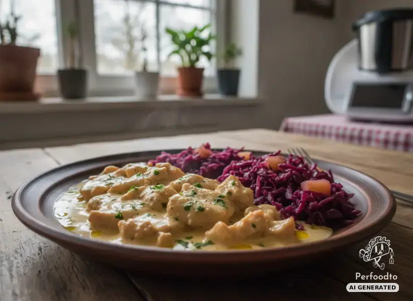 Creamy sliced turkey from the Thermomix with red cabbage