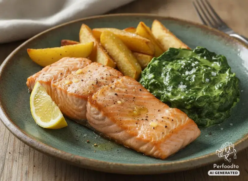 Salmon fillet with creamed spinach and crispy potatoes
