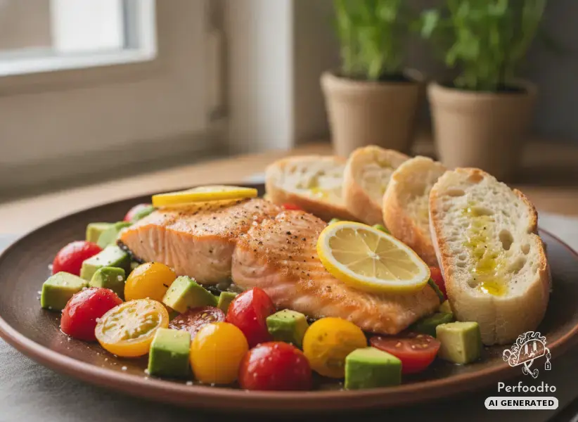 Pan-seared salmon with cherry tomatoes, avocado and baguette