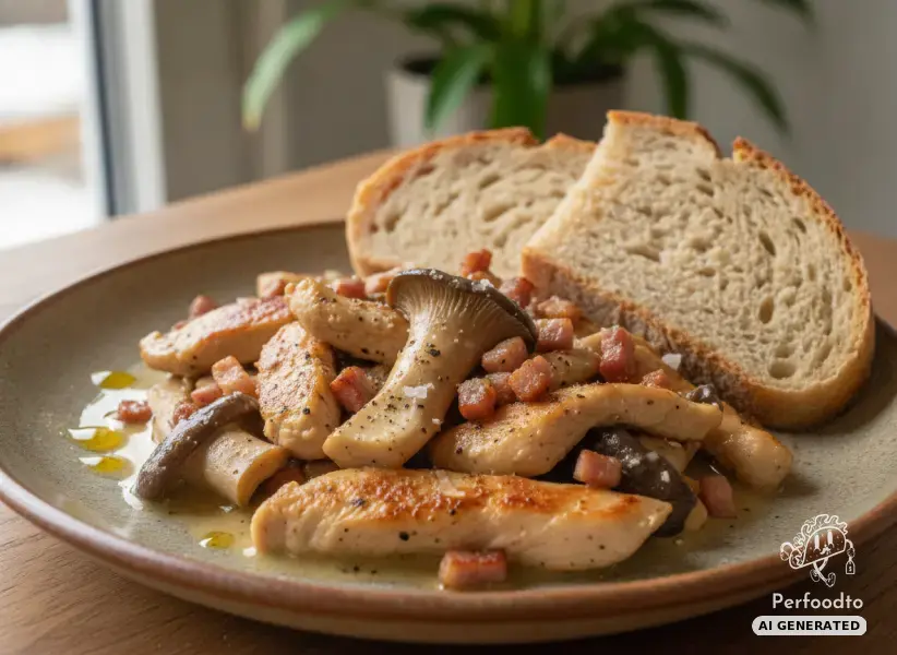 Bio-Hühnergeschnetzeltes mit Kräuterseitlingen und Speck