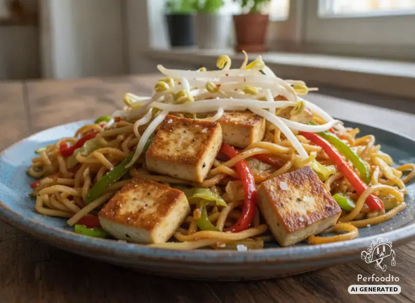 Fried mie noodles with tofu and bean sprouts