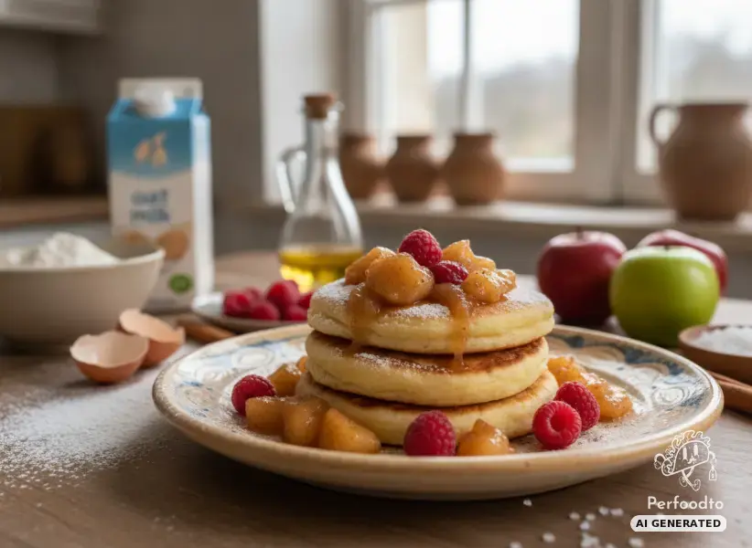 Fluffige Pfannkuchen aus dem Mixtopf mit warmem Apfelkompott und Himbeeren