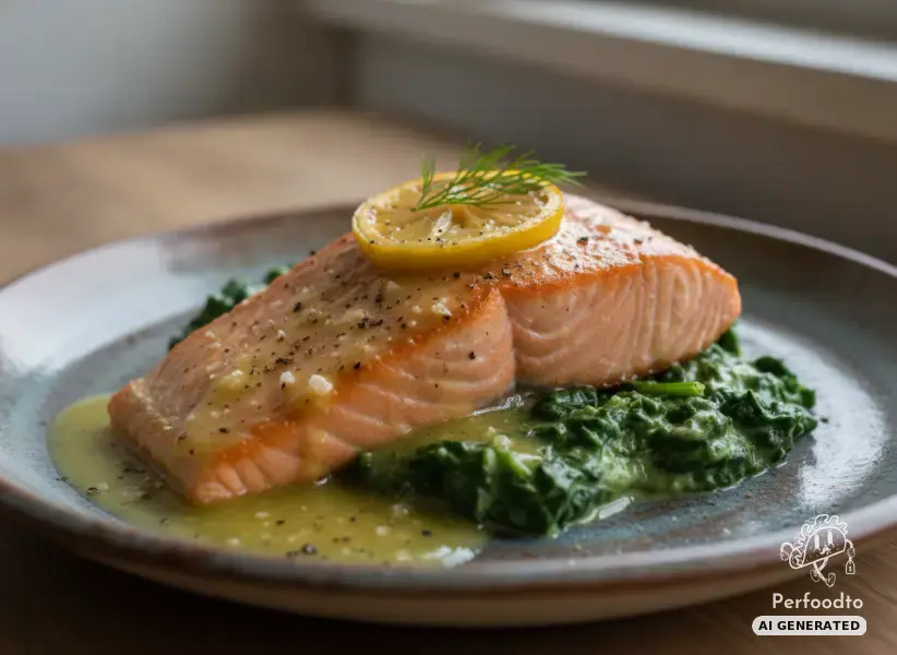 Fried salmon fillet on creamed spinach with lemon butter