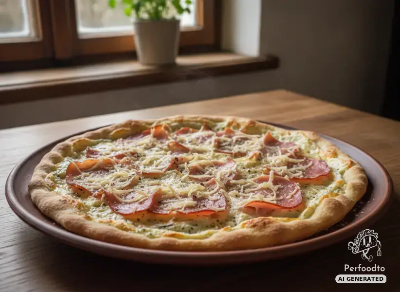 Alsatian style tarte flambee with ham and mountain cheese