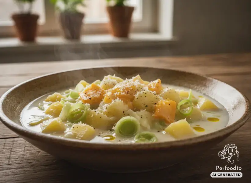 Quick cheese soup with leek and potatoes